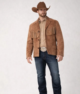 <b>western</b> Men's Brown Leather <b>Jacket</b> Fringe <b>Western</b> Style Turn-down Collar Casual Autumn Wear - Product Image 2