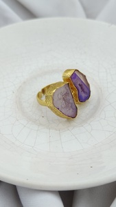 Natural Agate Statement <b>Ring</b> Brass Gold Plated Bezel <b>Set</b> Resizable Tropical Jewelry for <b>Women</b> - Product Image 5