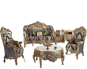 Intérieur de luxe classique 5 places 3 + 1 + 1 canapé en bois de teck avec Table centrale avec travail de sculpture de luxe et rembourrage doré - Product Image 1