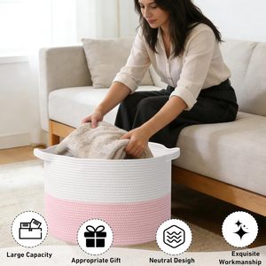 65L <b>Large</b> Woven Cotton Rope Nursery Basket, Laundry Basket Laundry Hamper with Handles,Blanket Basket Storage <b>Bin</b> - Product Image 1