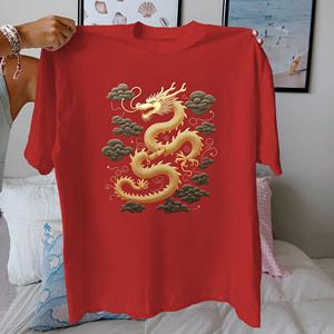 T-shirt pour femme en pur coton au design traditionnel du dragon doré coupe confortable - Product Image 2