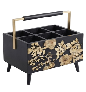 Caddy de Madera Moderno Estilo Escandinavo con Acabado Negro y Diseño Floral Pintado, Decoración para el Hogar, Pieza Individual para Mesa - Product Image 2