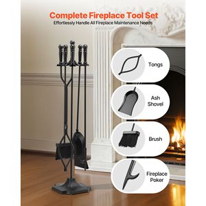 Set di 5 Utensili per Caminetto in Metallo, Supporto a Cinque Punte per Legna da Ardere, Include Pinze, Paletta per Cenere, Spazzola, Pala per Braciere in Ferro Battuto - Product Image 2