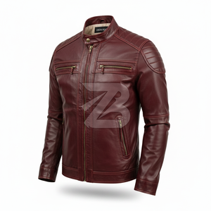 Zarina Wear Men Genuine Leather <b>Jacket</b> Burgundy <b>Red</b> Biker Moto <b>Jacket</b> Stand Collar YKK Zipper Casual Motorcycle Style OEM - Product Image 3