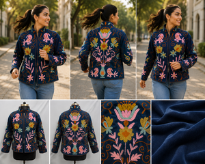 Suzani Embroidery Bomber Jacket Handmade <b>Needlework</b> Women Blue Corduroy Boho Party Wear Bird Motif Side Pockets Vintage Coat - Product Image 4