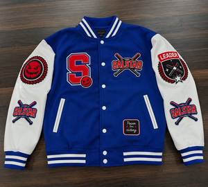 แจ็คเก็ตเบสบอลแบบ Varsity สีน้ำเงินขาวสั่งทำพิเศษ พรีเมียม ทำจากผ้าขนสัตว์ พร้อมป้ายปัก  ผู้ผลิตแบบ OEM/ODM - Product Image 6