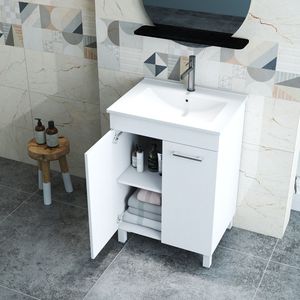 Mobile bagno a doppia anta da 24 pollici con cerniere soft-close, ripiano regolabile e lavabo integrato, montaggio a pavimento - Product Image 6