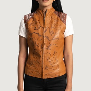 Chaleco de cuero genuino para mujer, chaleco informal marrón sin mangas con cuello alto y cremallera, chaleco con tachuelas, abrigo de moda para mujer, el más vendido - Product Image 3
