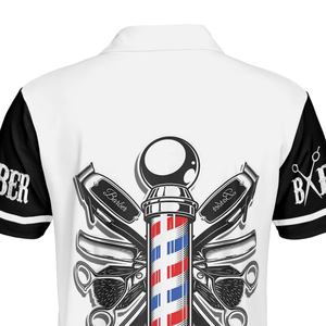 T-shirt personnalisé pour barbier, anti-plis, sublimé, logo personnalisé sur le devant, polyester, col en V, manches courtes, coupe classique, pour homme - Product Image 5