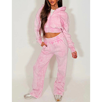 Ensemble 2 pièces en molleton rose tie-dye pour femme : sweat à capuche court et pantalon de jogging taille haute, décontracté, printemps-été, coupe ample, vêtements de sport