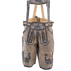 Men's Gray Lederhosen Bavarian Shorts With Embroidered Animal Pattern High Waist Vintage Style Leather <b>Suspender</b> Pants - Product Image 4