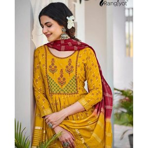 FANCY RAYON OR IMPRIMÉ BRODERIE TRAVAIL À LA MAIN HAUT BAS AVEC DUPATTA JAUNE - Product Image 2