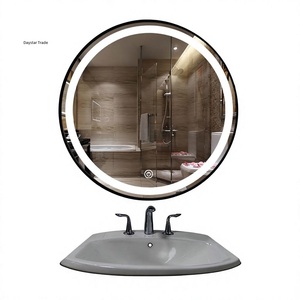 Miroir de salle de bain mural rond moderne en verre LED avec cadre noir, capteur tactile et éclairage de vanité intégré - Product Image 1