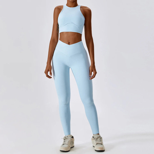 2 Piece Seamless Yoga Set High Waist Leggings Zipper Front Crop Top Crisscross Back Sportswear Women <b>Leopard</b> Floral Navy Blue - Product Image 4