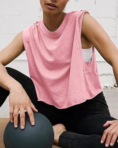 Women's <b>Pink</b> Crop Tank Top Sleeveless O-Neck Loose Fit Casual Knitted Solid Color Pockets Front 100% Cotton Spring Summer - Product Image 4