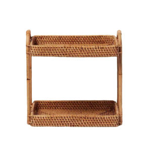 Handwoven Two Tier Rattan <b>Storage</b> Rack with Handle, Natural Wicker <b>Countertop</b> Organizer for Kitchen, <b>Bathroom</b>, Home Decor - Product Image 1