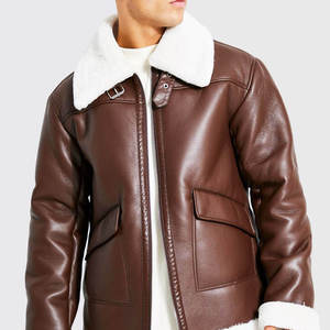 Veste de moto pour homme en cuir véritable doublée de sherpa, imperméable, respirante, coupe-vent, col rabattable, fermeture éclair, manteau d'hiver - Product Image 4