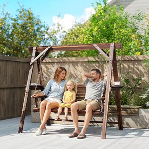 Balançoire de véranda en bois 3 places avec support et tables latérales, brun carbonisé, pour jardin, bord de piscine ou cour arrière - Product Image 2