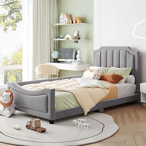 Divano letto classico a righe grigie imbottito, misura singola, per bambini - Product Image 1