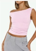 Women's Asymmetric <b>One</b> Shoulder Ruched Crop Tank <b>Top</b> Solid Color Knitted Spandex Cotton Blend - Product Image 3