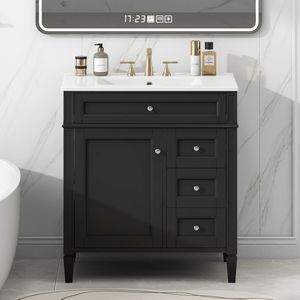 Modern 30\" <b>Bathroom</b> <b>Vanity</b> with Top Sink 2 Drawers and Tip Drawer Single Sink <b>Bathroom</b> <b>Vanity</b> Storage Cabinet - Product Image 2