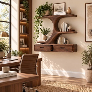 Estante de pared de madera Luxali contemporáneo, único y hecho a mano, con múltiples estantes y cajones para el hogar, la oficina, el estudio y la sala de estar. - Product Image 1