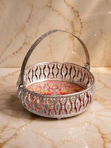 Handmade Modern German Silver Peacock Decorative Iron Serving <b>Basket</b> <b>Tray</b> Handle Premium Metal Gift <b>Basket</b> for Diwali Wedding - Product Image 3