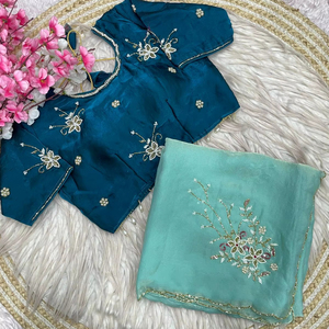 Sari en satin Fendy au design exclusif, avec chemisier élégant, style ethnique chic et tendance, dernière collection indienne, tenue de soirée modeste pour femmes et jeunes filles - Product Image 1