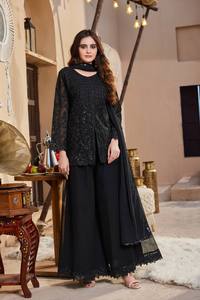 Ensemble ethnique 3 pièces élégant pour femme en faux georgette lourd avec broderie de sequins et manches ajourées, ensemble assorti - Product Image 4