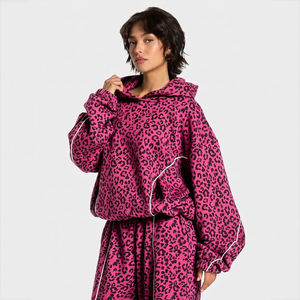 Womens Fashion Pink Leopard Print Contrastline Tracksuit Fleece Hoodie Wide Leg Jogger <b>Set</b> Oversized Casual Streetwear Two Piece - Product Image 3