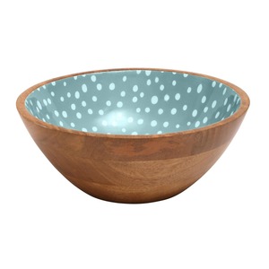Bol en bois fait main avec intérieur à pois bleus, style nordique, pour la présentation des aliments, bol à salade ou à en-cas avec émail. - Product Image 1