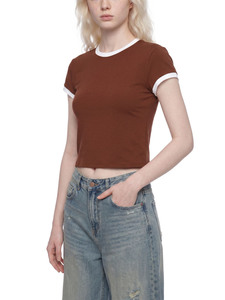 Camiseta Ringer Corta para Mujer, Ajustada, con Cuello en Contraste, de Algodón Casual, Estilo Baby Tee, de Moda - Product Image 4