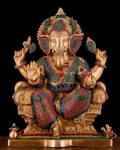 Grande statue de dieu en laiton |   Artisanat métallique moderne fait main, décoration artistique durable pour temple domestique, représentant le dieu hindou de la chance - Product Image 1