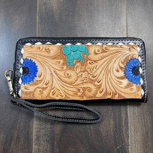 New Arrival Hand Tooled Genuine Leather Floral Design Zipper Clutch Western Style <b>Wallet</b> <b>Credit</b> <b>Card</b> Phone Holder For <b>Women</b> - Product Image 4