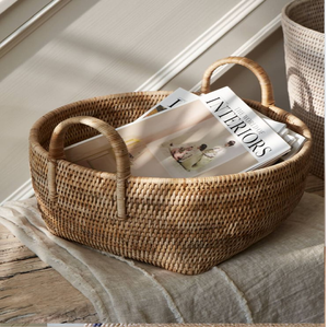 Pair of <b>rectangular</b> open-slat natural cane storage <b>baskets</b> featuring vertical reed construction and woven corner, at wholesale. - Product Image 3