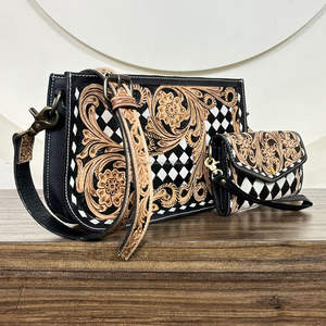 Sac à main pour femme en cuir véritable à carreaux, fait main, de luxe, avec portefeuille, ensemble assorti en 2 pièces pour femmes - Product Image 4