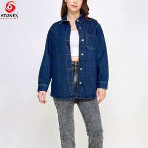 Chemise en jean unie surdimensionnée pour femme, à manches longues, boutonnée sur le devant, décontractée, en coton écologique, OEM ODM, vêtements personnalisés - Product Image 5