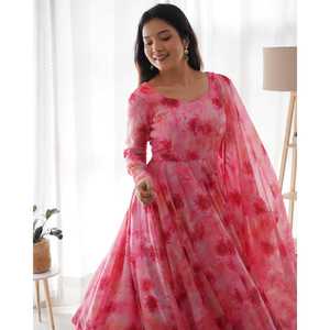 ENSEMBLE COSTUME ANARKALI ORGANZA DOUX PURE AVEC DKB-28 ENTIÈREMENT COUDU - Product Image 3