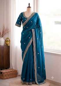 Designer Sequence And Cut Dana Hand Work Space Silk Velvet Shine <b>Saree</b> Paired With Fully Stitched Blouse - Product Image 3