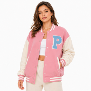Veste universitaire personnalisée grande taille pour femme, corps en laine, manches en simili cuir, logo brodé, manteau décontracté d'hiver style Letterman - Product Image 2