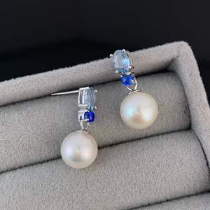 Boucles d'oreilles pendantes en argent S925 avec perle d'eau douce non-nucléaire de 8-9 mm, ronde, sans défaut, bleu océan, trésor, avec tempérament, bonne qualité - Product Image 1