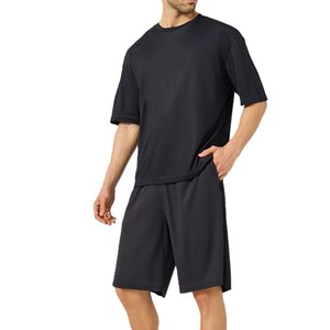 Men's Black <b>Short</b> Sleeve T-Shirt Crew Neck Casual Summer Breathable <b>Polyester</b> Top With <b>Shorts</b> Set Lightweight Solid Color - Product Image 3