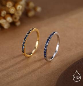 Sapphire Blue Half Eternity <b>Ring</b> in Sterling <b>Silver</b> Gold Plated Luxury Claw Setting CZ Wedding Minimalist Skinny <b>Stacking</b> <b>Ring</b> - Product Image 1