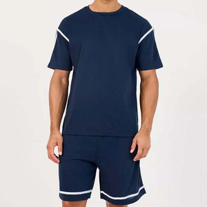 Ensemble T-shirt et short pour homme bleu marine à manches courtes avec bordure contrastante blanche, coupe oversize, style streetwear, tricoté 100% coton, délavé à l'acide - Product Image 6