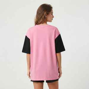 Camiseta Oversize de Mujer con Bloques de Color Rosa y Negro, Cuello en V, Ajuste Holgado, Manga Corta, de Algodón Jersey, Primavera Verano - Product Image 2