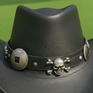 Sombrero de Vaquero Negro de Cuero Hecho a Mano de Primera Calidad con Banda de Calavera, Estilo Steampunk Gótico para Festivales de Rock - Product Image 4