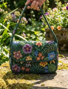 Sac à main brodé contemporain avec perles, fourre-tout à bandoulière classique orné de fleurs, sac de mode élégant et décoratif pour femme - Product Image 4