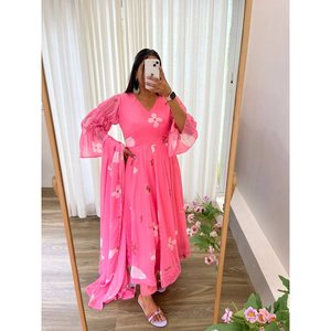 TRENDING GEORGETTE DIGITAL IMPRESO FANCY SLEEVE TRABAJO BOTTON CON DUPATTA ROSA - Product Image 1