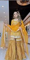 Traje Sharara de seda Chinnon amarillo mostaza para mujer TENNYC |   Conjunto de Dupatta con Lentejuelas Zari para Bodas y Fiestas de Diwali |   Sin Arrugas