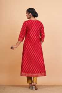 Anarkali Kurta Dupatta pour femme en coton rouge à imprimé floral, longueur mollet, col rond, manches trois-quarts, style ethnique mondial - Product Image 6